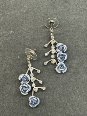 Silver-Tone Blue Rose Drop Earrings with Crystal Accents